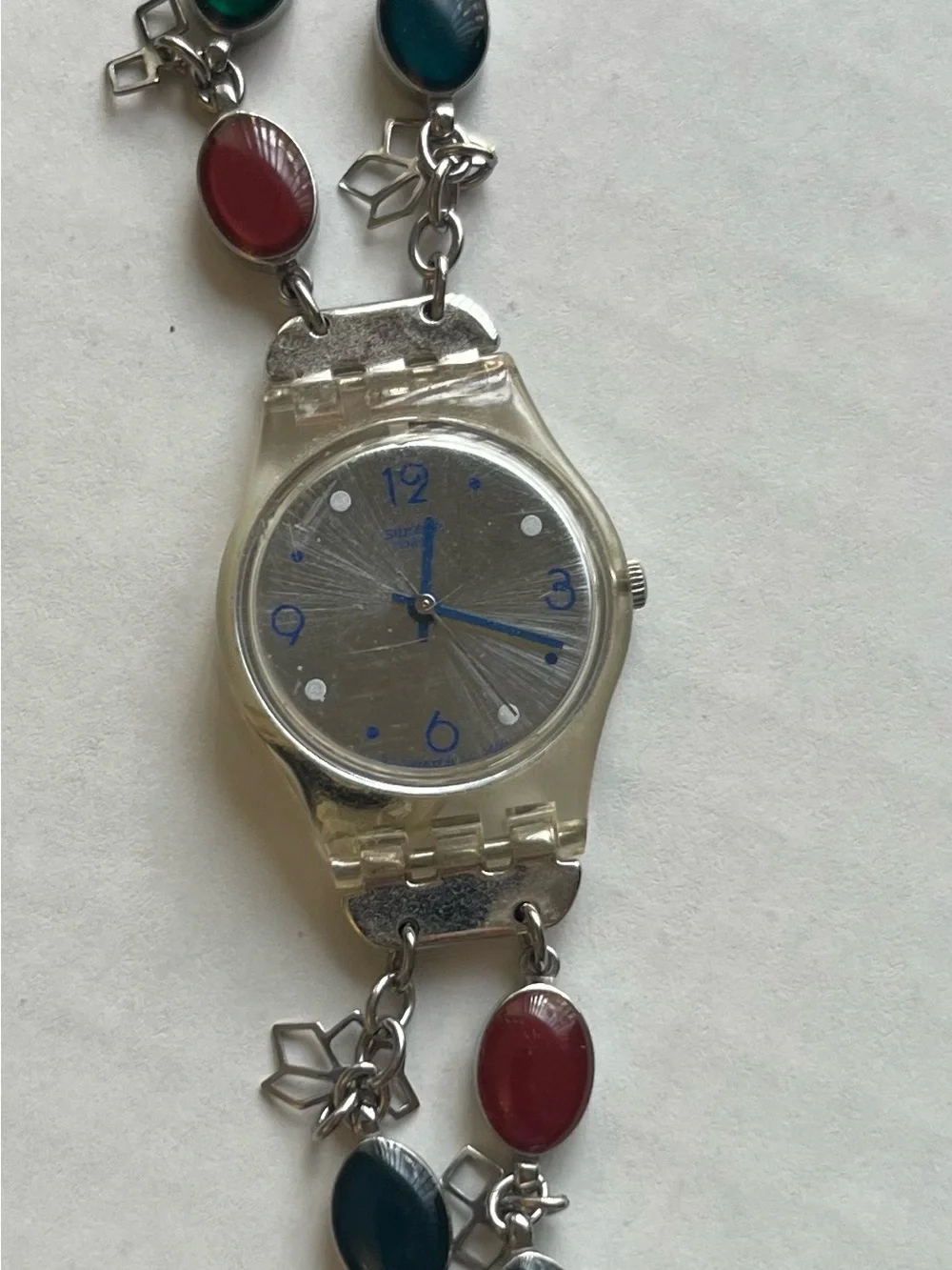 Swatch Vintage Women's Multi-Color Stone Bracelet Watch - Silver Dial